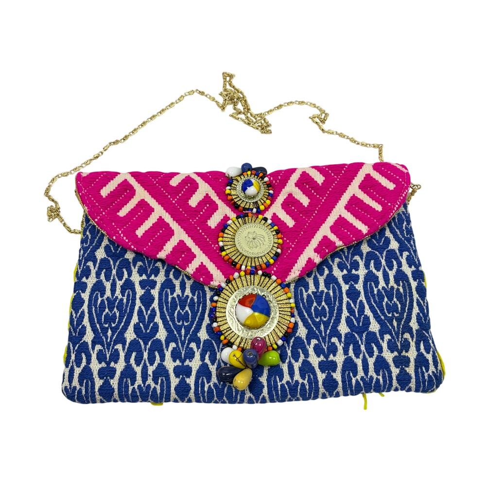 Steve Madden tapestry crossbody purse, ornamental beads. gold chain, handbag